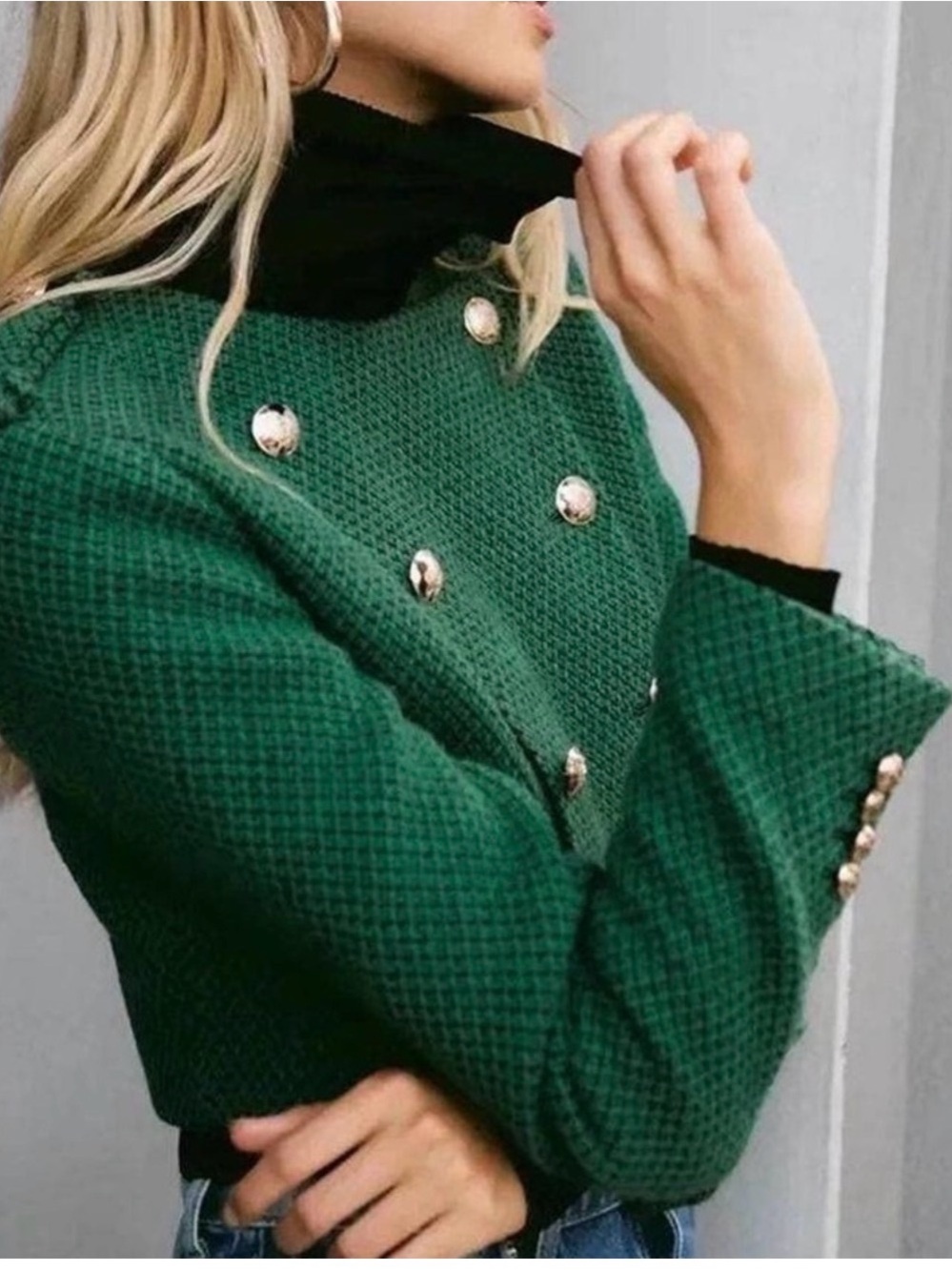 Zara Emerald Green Double-Breasted Turtleneck Sweater
